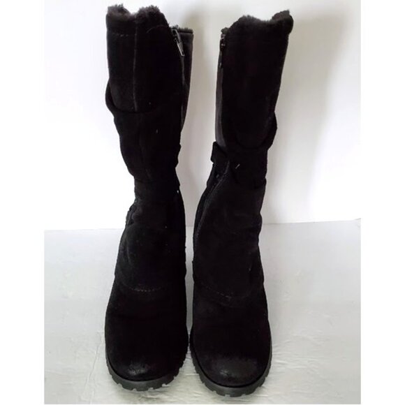 Baretraps Black Faux Fur Lined Suede/Leather Mid-Calf Block Heel Boot Sz 8 Moto - Picture 3 of 11